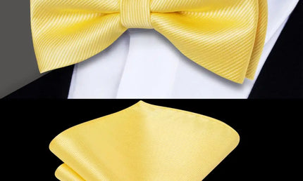 Yellow Textured Bow Tie With Matching Cuff Links and Pocket Square