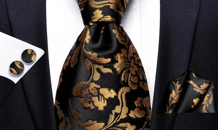 black and gold floral tie made from jacquard woven silk