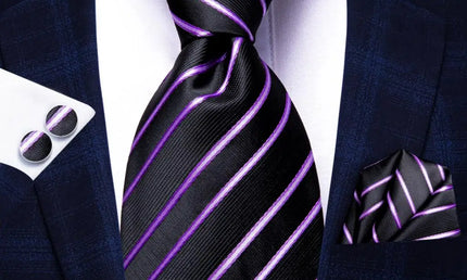 black and purple striped tie made from jacquard woven silk