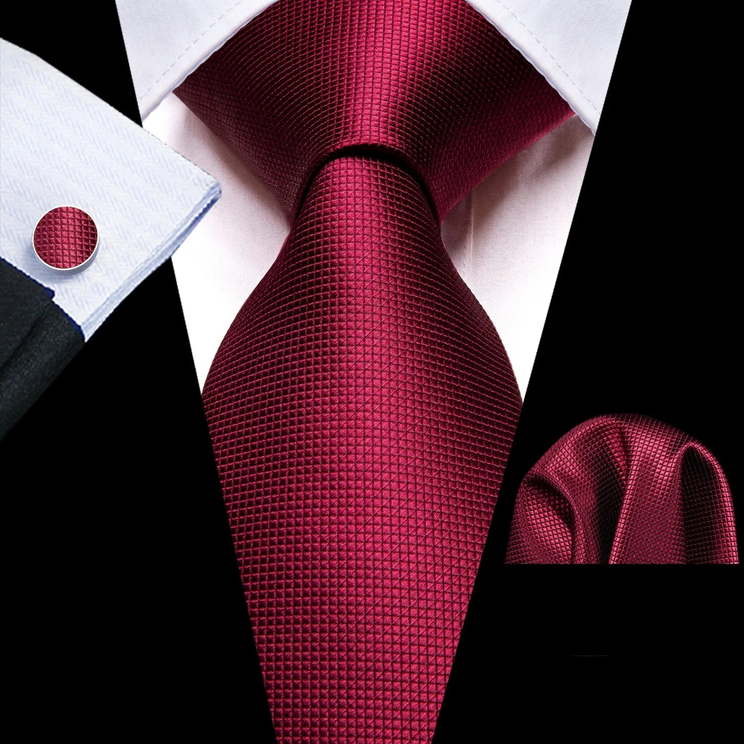 plain dark red tie with matching cuff links and pocket square