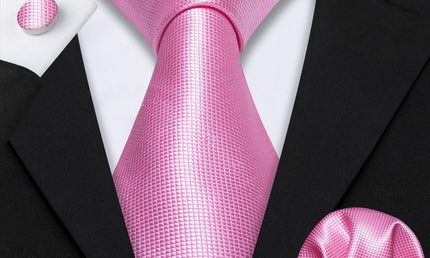plain pink textured tie with cuff links and pocket square