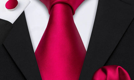 plain red tie with matching cuff links and pocket square