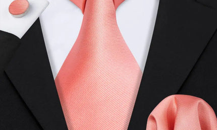 plain salmon pink textured tie with cuff links and pocket square
